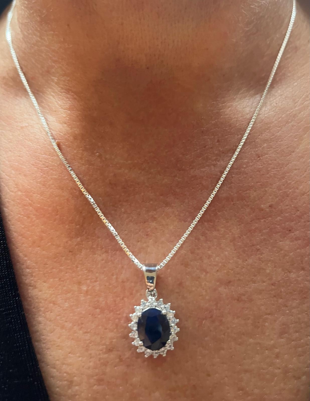Genuine Sapphire and CZ Simulated Diamonds Sterling Silver Large Pendant