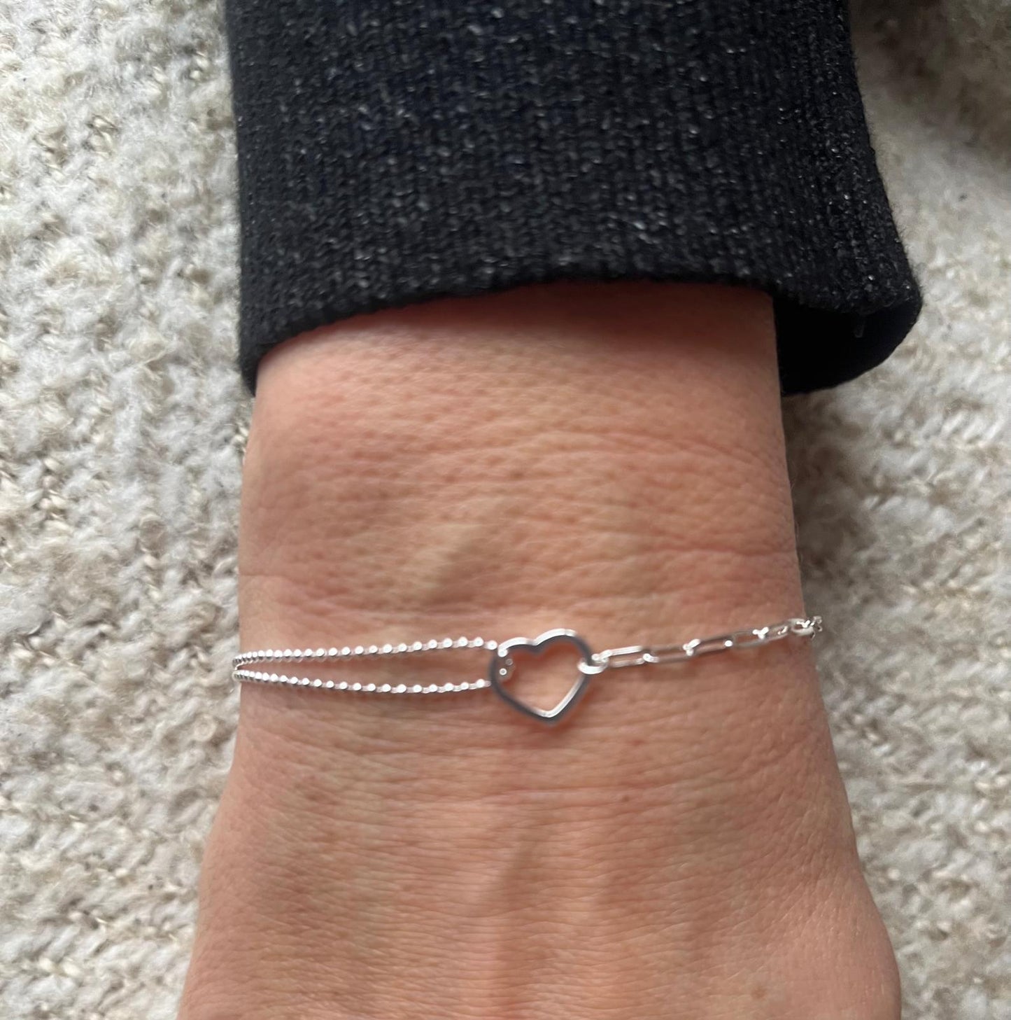 Sterling Silver Adjustable Heart Bracelet Featuring Bead and Paperclip Chain