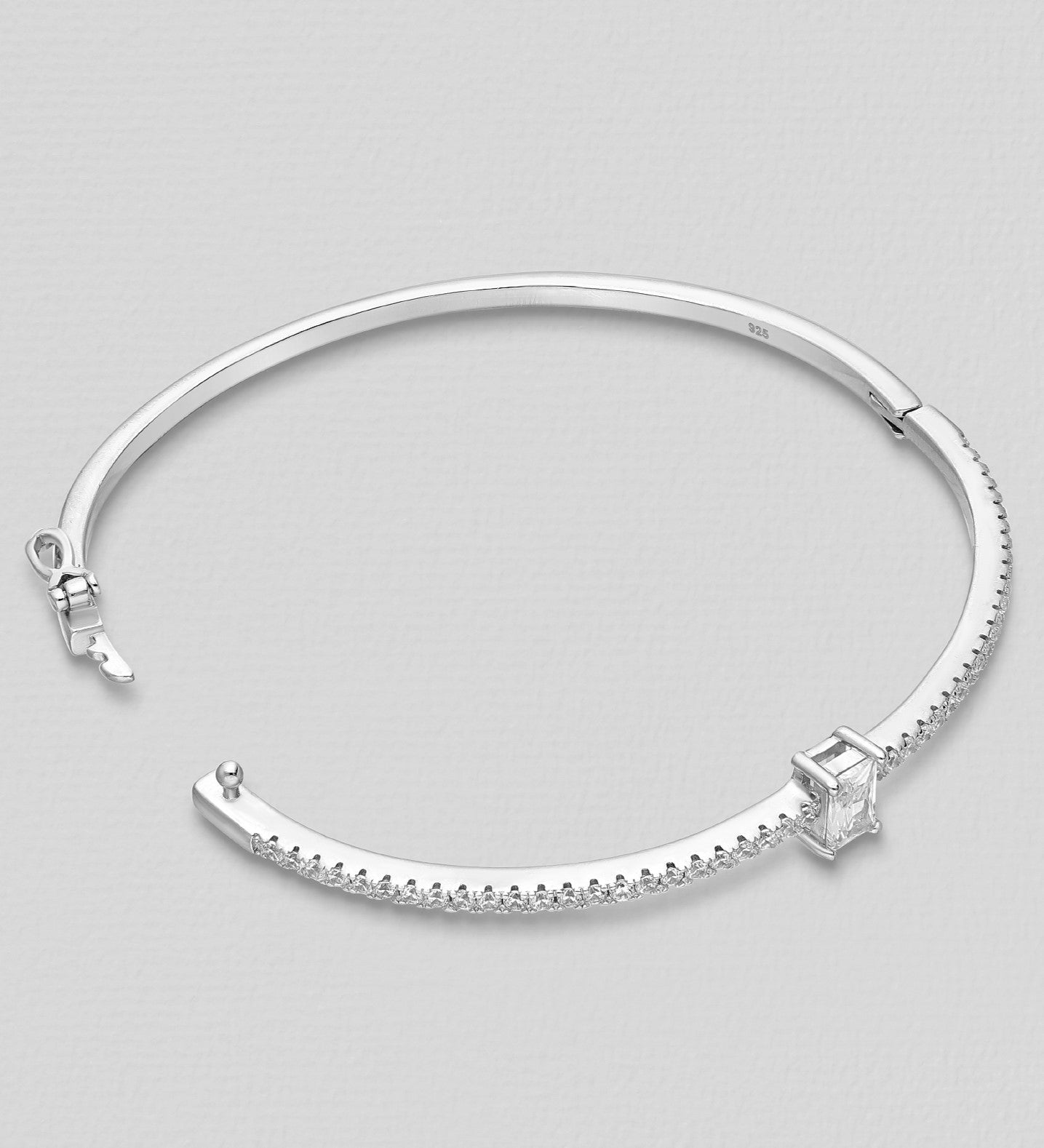 Sterling Silver Bangle with White CZ Simulated Diamonds and Solitaire CZ Stone