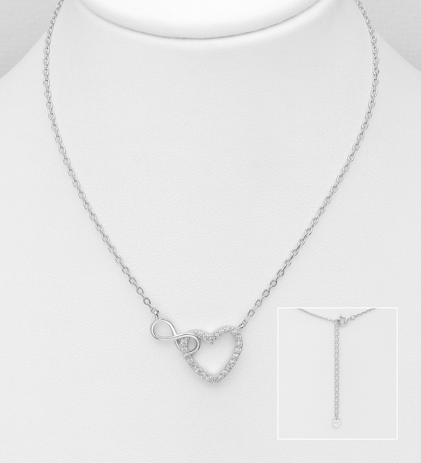 Sterling Silver Heart and Infinity Link Necklace with CZ Simulated Diamonds