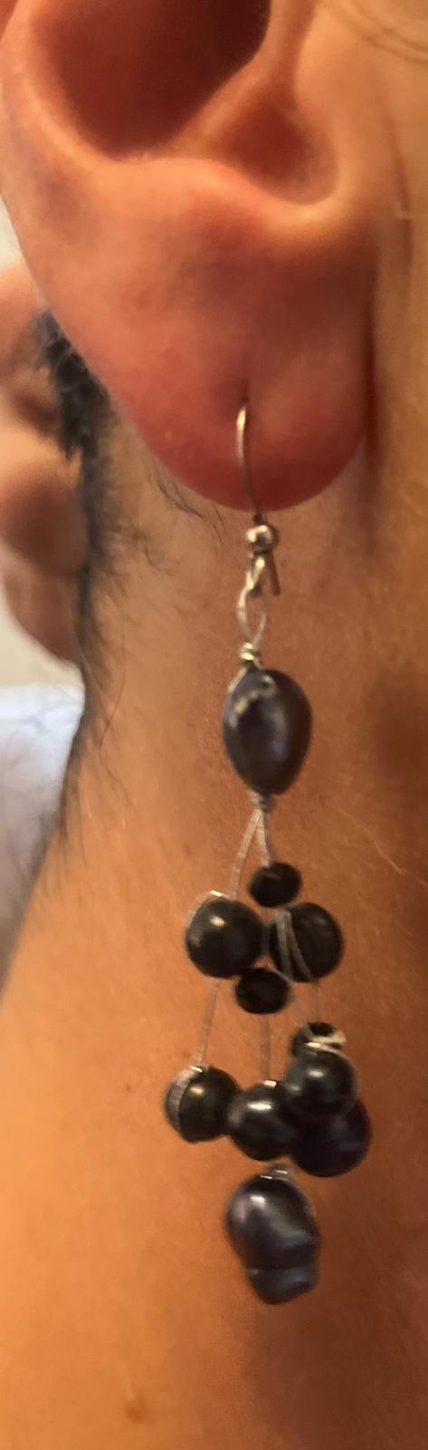Hook Earrings Beaded with Black Fresh Water Pearls and Crystal Glass on Sterling Silver