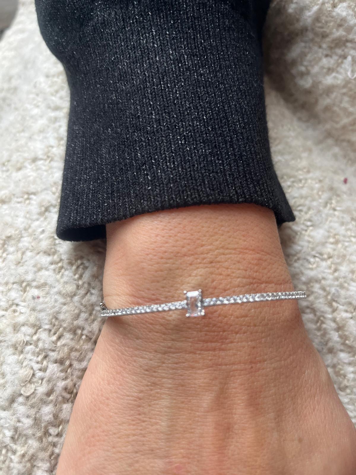 Sterling Silver Bangle with White CZ Simulated Diamonds and Solitaire CZ Stone