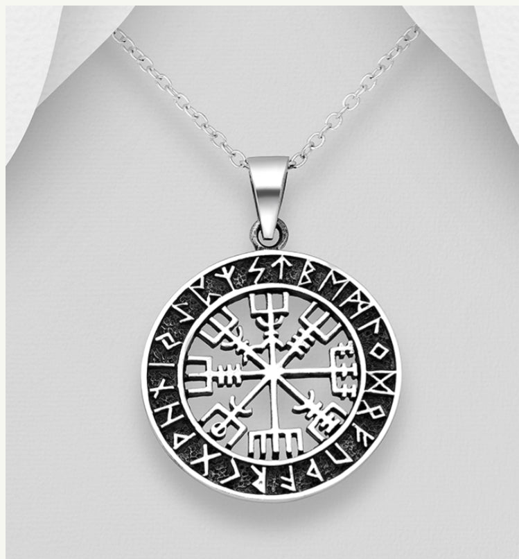 Sterling Silver Oxidized Viking Vegvisir Amulet Pendant
