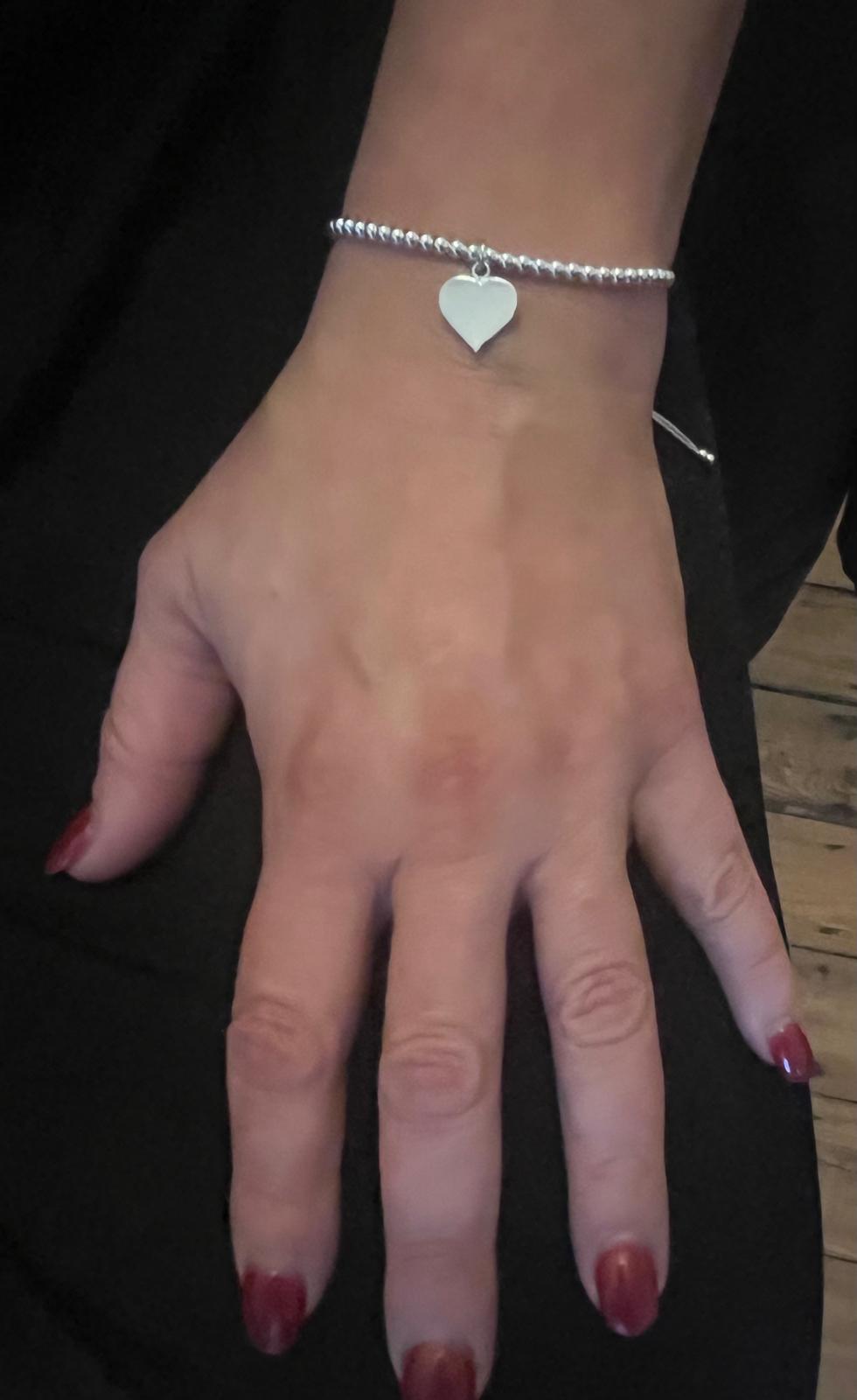 Sterling Silver Ball Adjustable Slider Bracelet with Oxidized Heart Charm