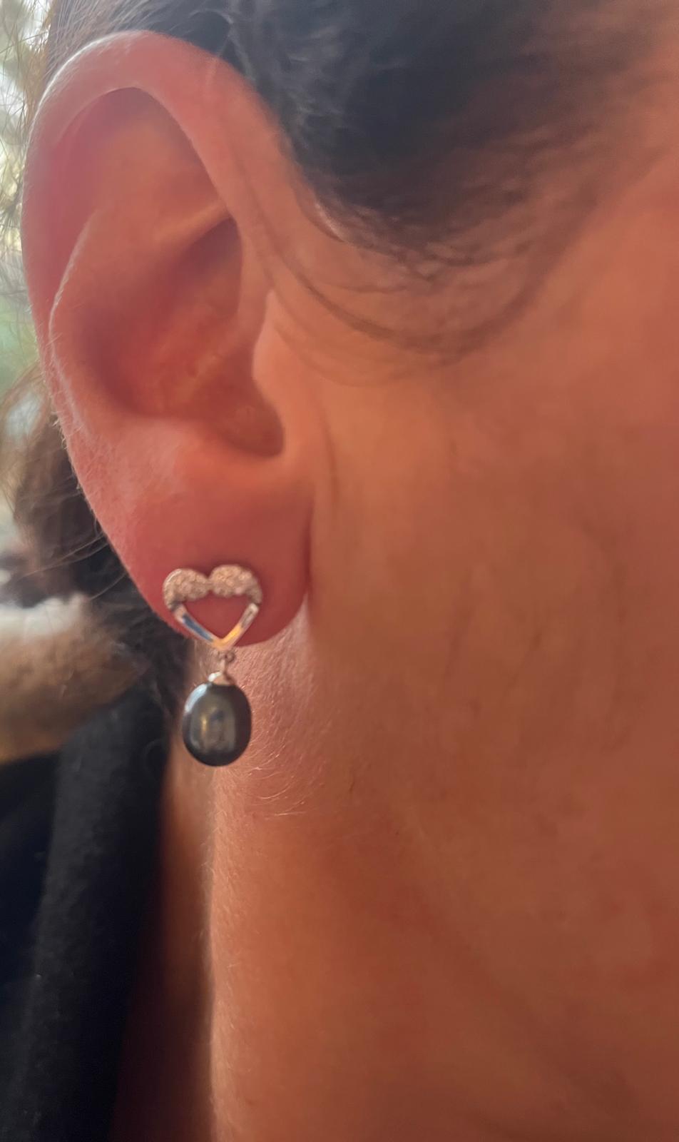 Black Freshwater Pearls Heart Push-Back Sterling Silver Earrings with CZ Simulated Diamonds