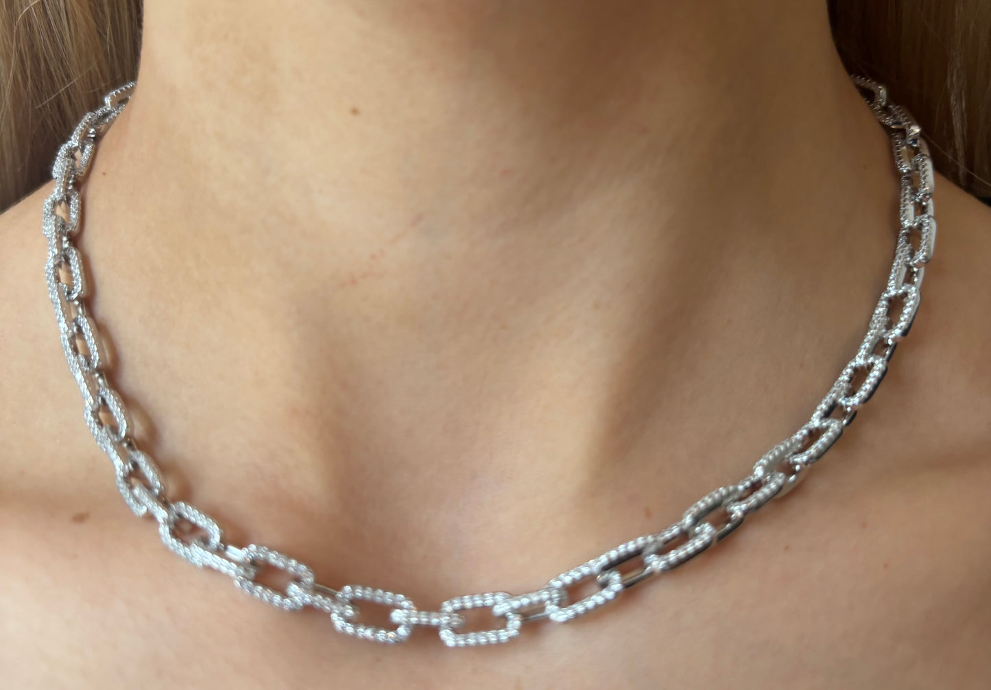 Heavy Duty Sterling Silver Links Necklace with CZ Simulated Diamonds