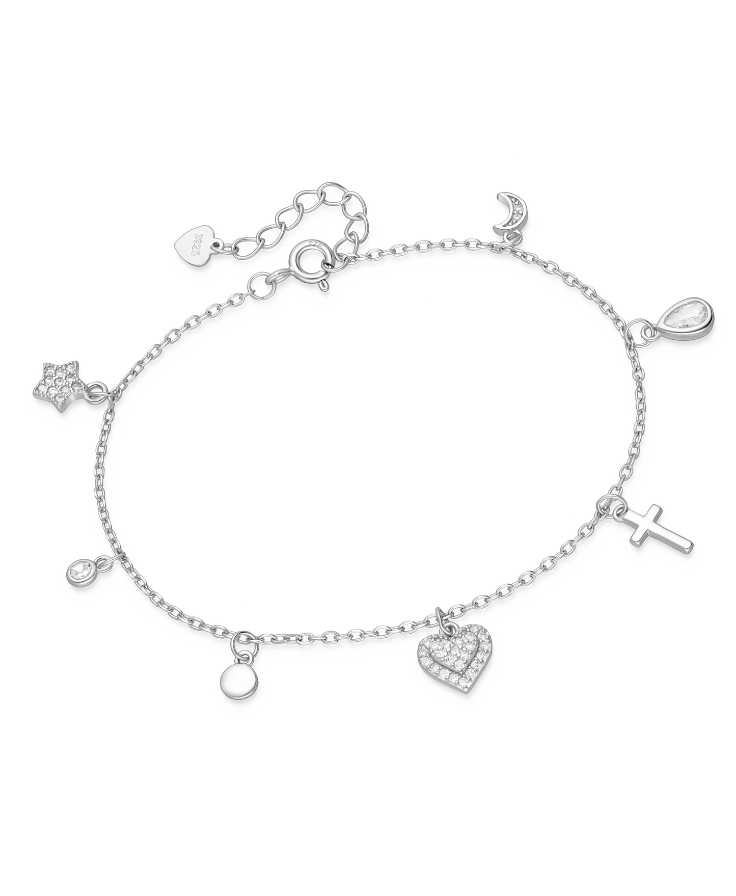 Sterling Silver Bracelet with Cross, Heart and Star Charms adored with CZ Simulated Diamonds