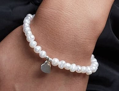 AA Grade Freshwater Pearls on Elastic Bracelet with Sterling Silver Heart