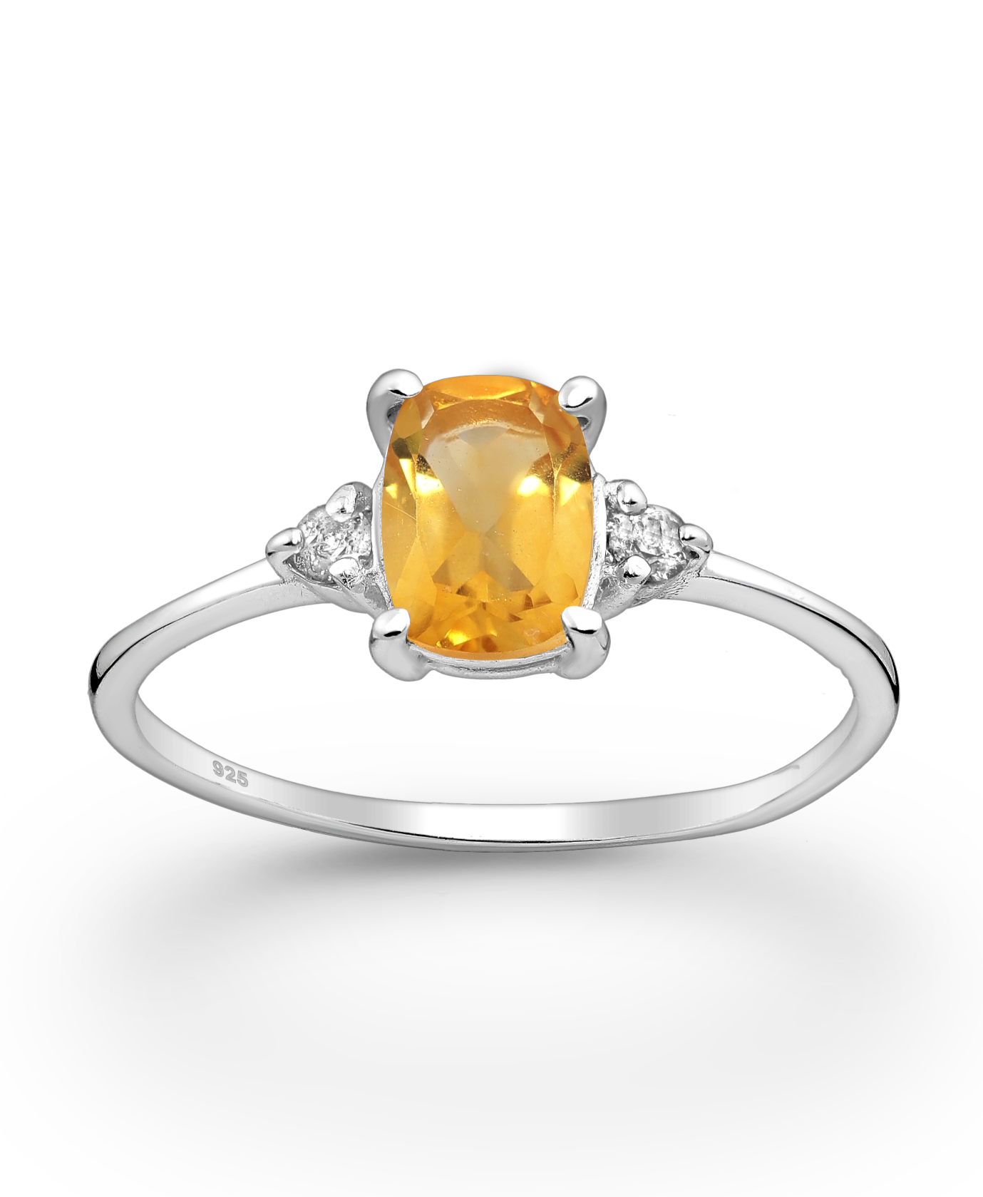Citrine Solitaire with CZ Stimulated Diamonds Sterling Silver Ring