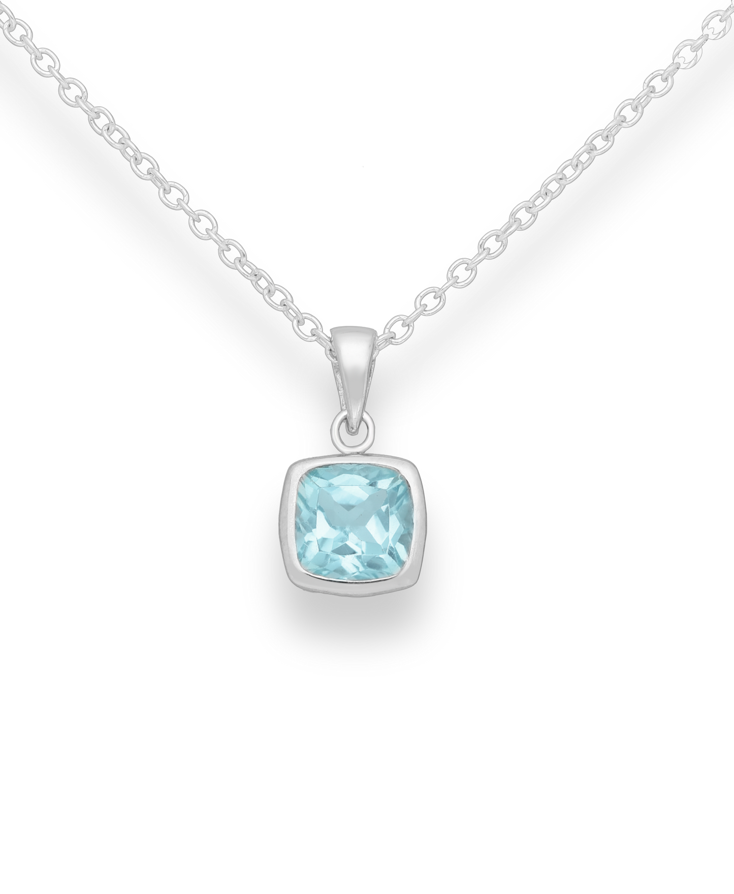 Blue Topaz Square Cut Sterling Silver Solitaire Pendant