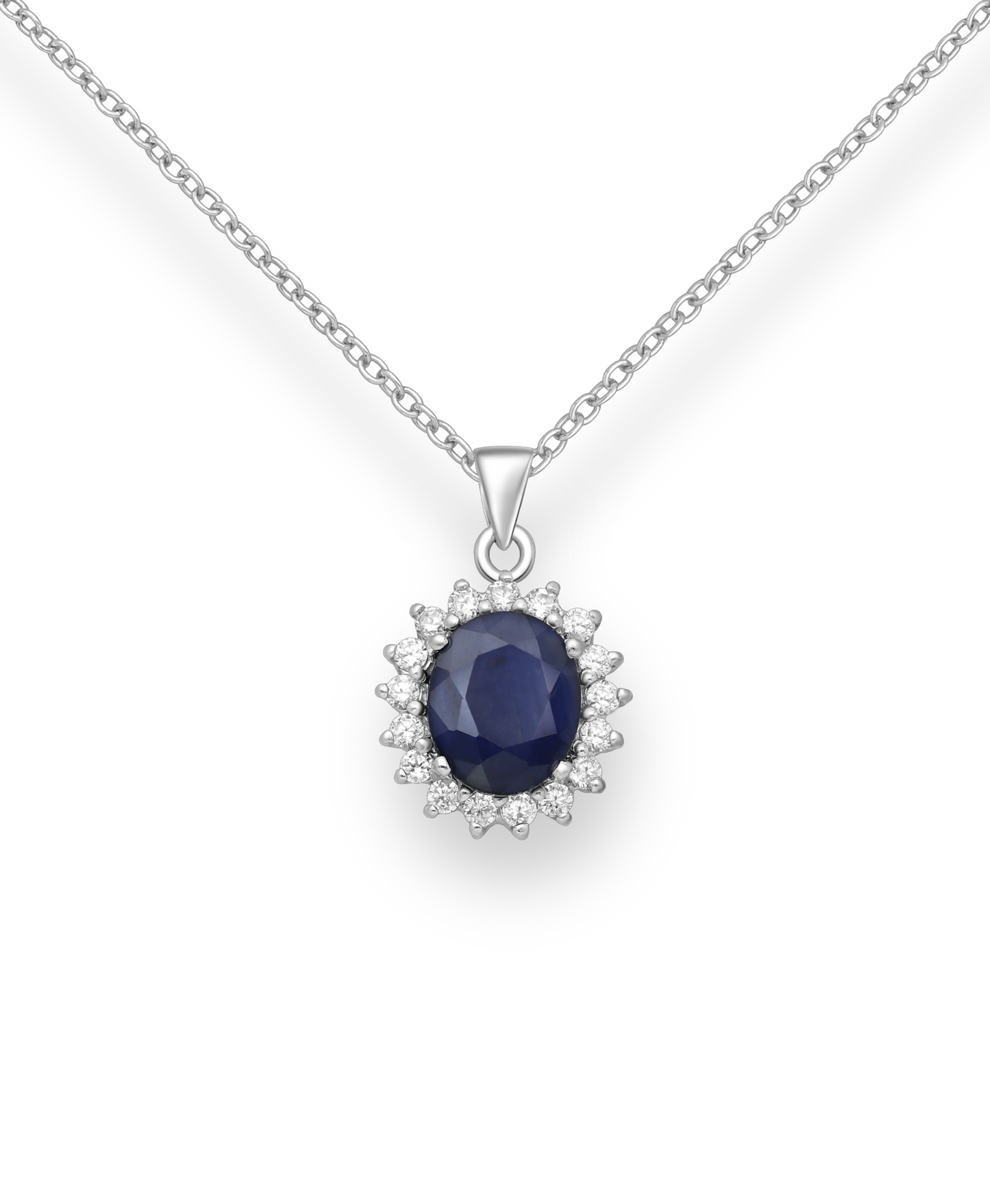 Genuine Sapphire and CZ Simulated Diamonds Sterling Silver Large Halo Pendant