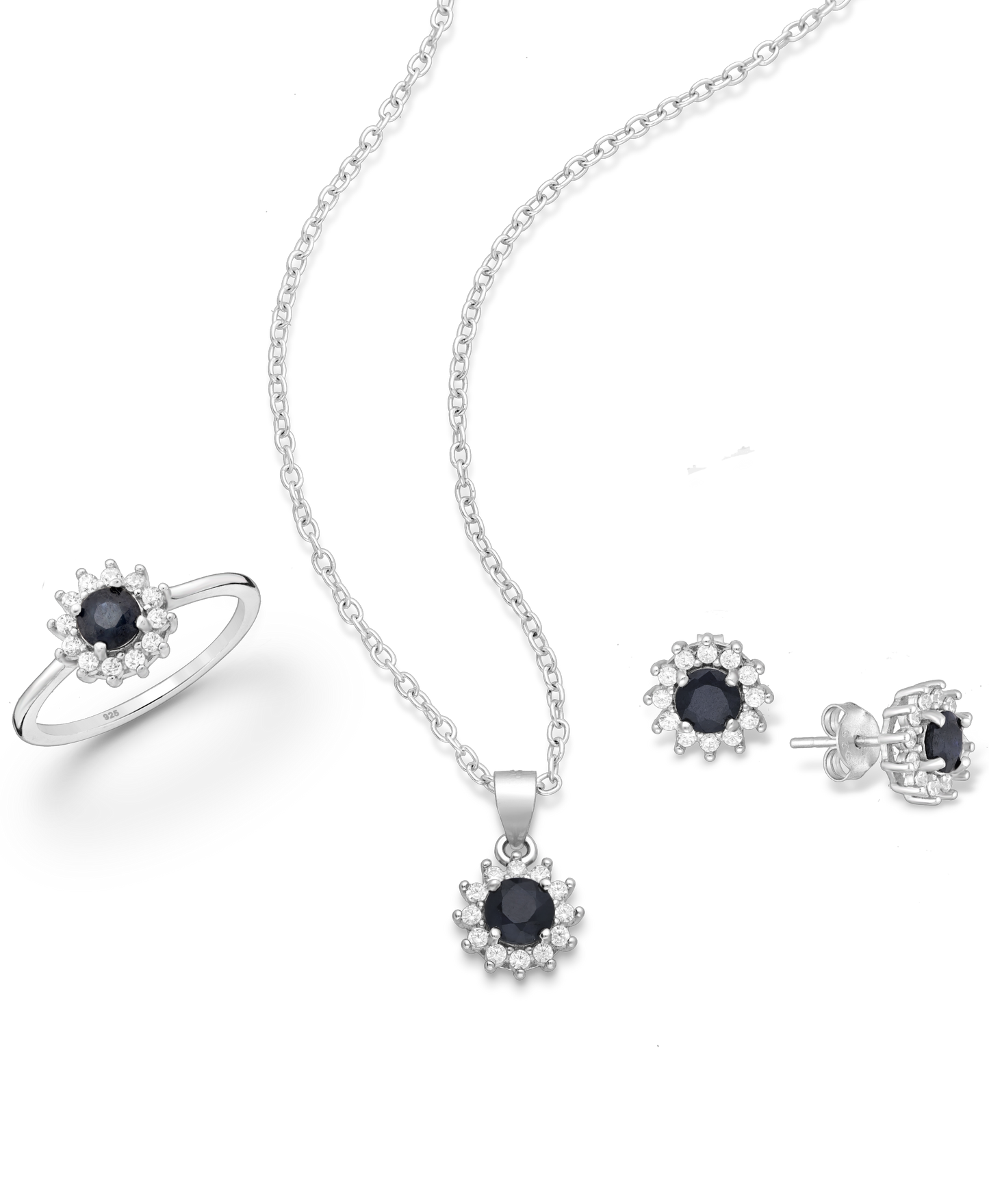 Genuine Sapphire Sterling Silver Push-Back Earrings, Pendant and Ring Set