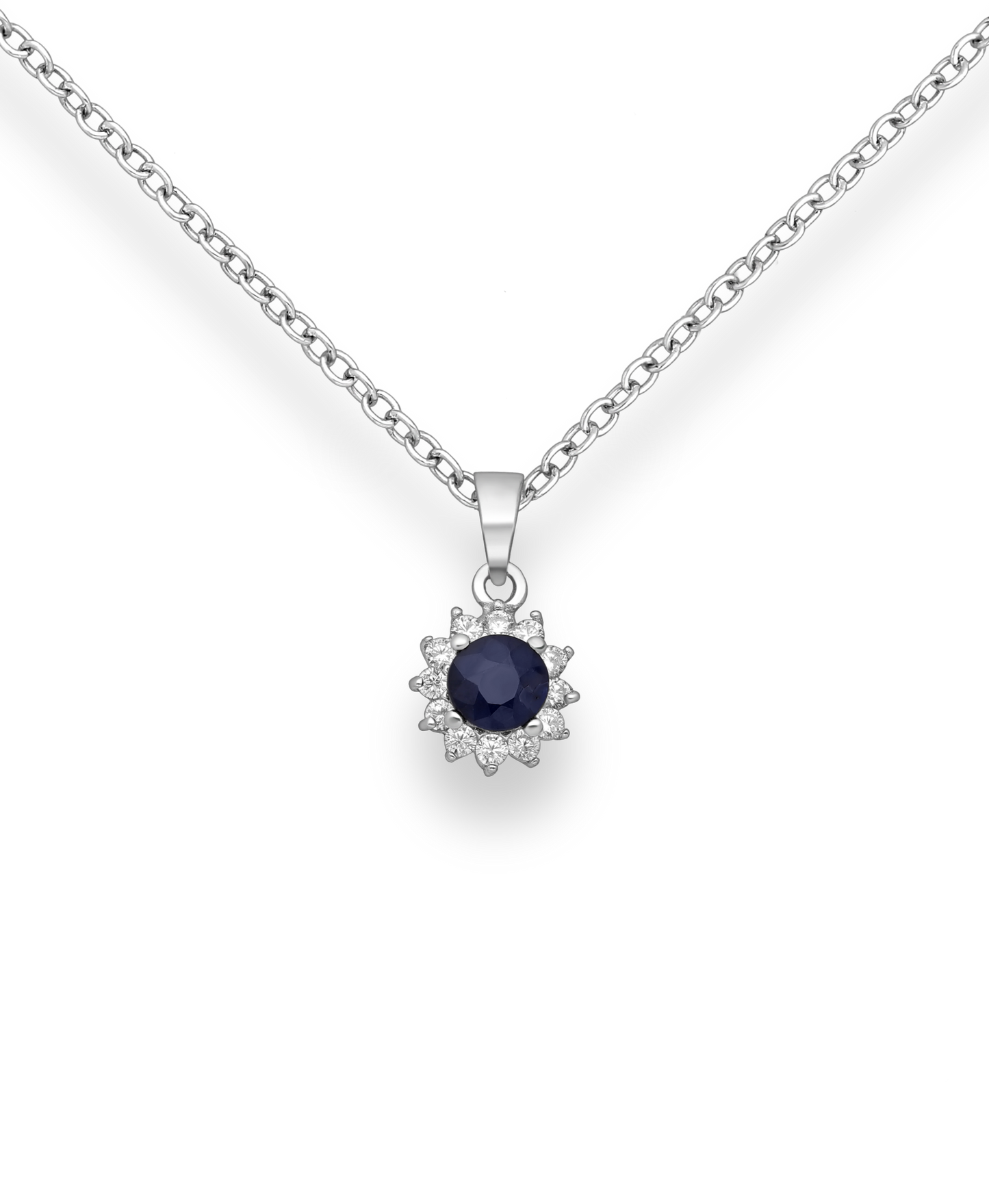 Genuine Sapphire and CZ Simulated Diamonds Sterling Silver Halo Pendant