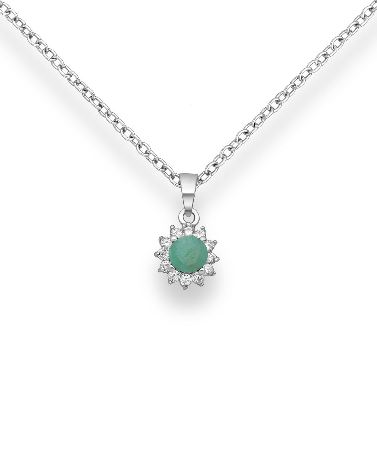 Genuine Emerald and CZ Simulated Diamonds Sterling Silver Halo Pendant