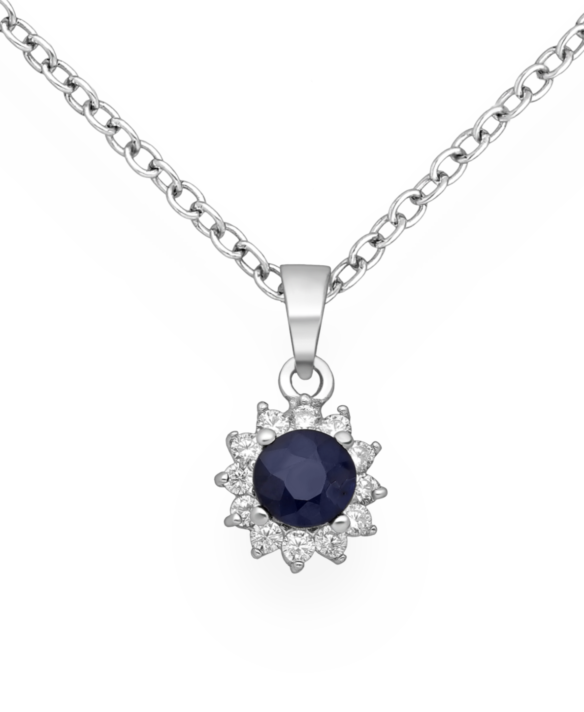 Genuine Sapphire and CZ Simulated Diamonds Sterling Silver Halo Pendant