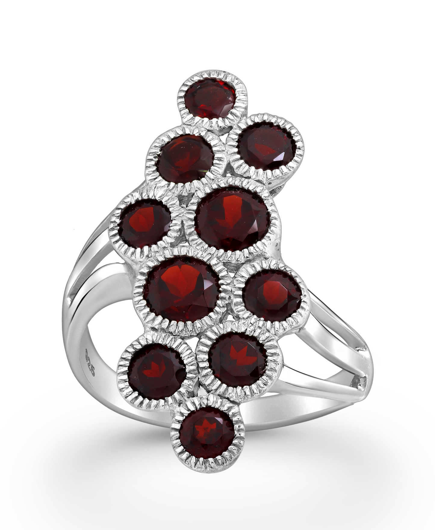 Cluster of Garnet Gemstones Sterling Silver Ring