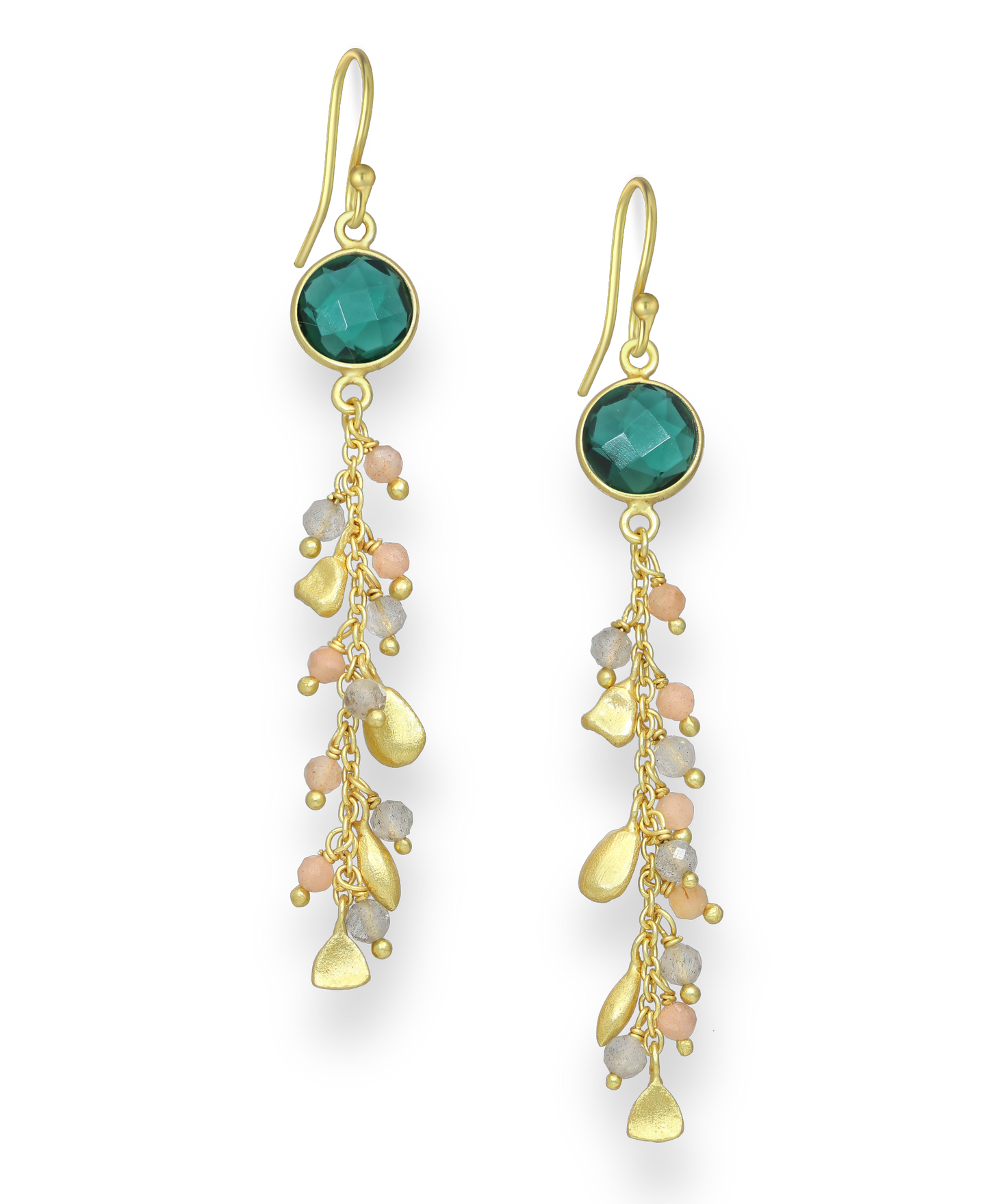 Green Tourmaline, Labradorite and Peach Moonstone 18K Gold Vermeil Hook Earrings