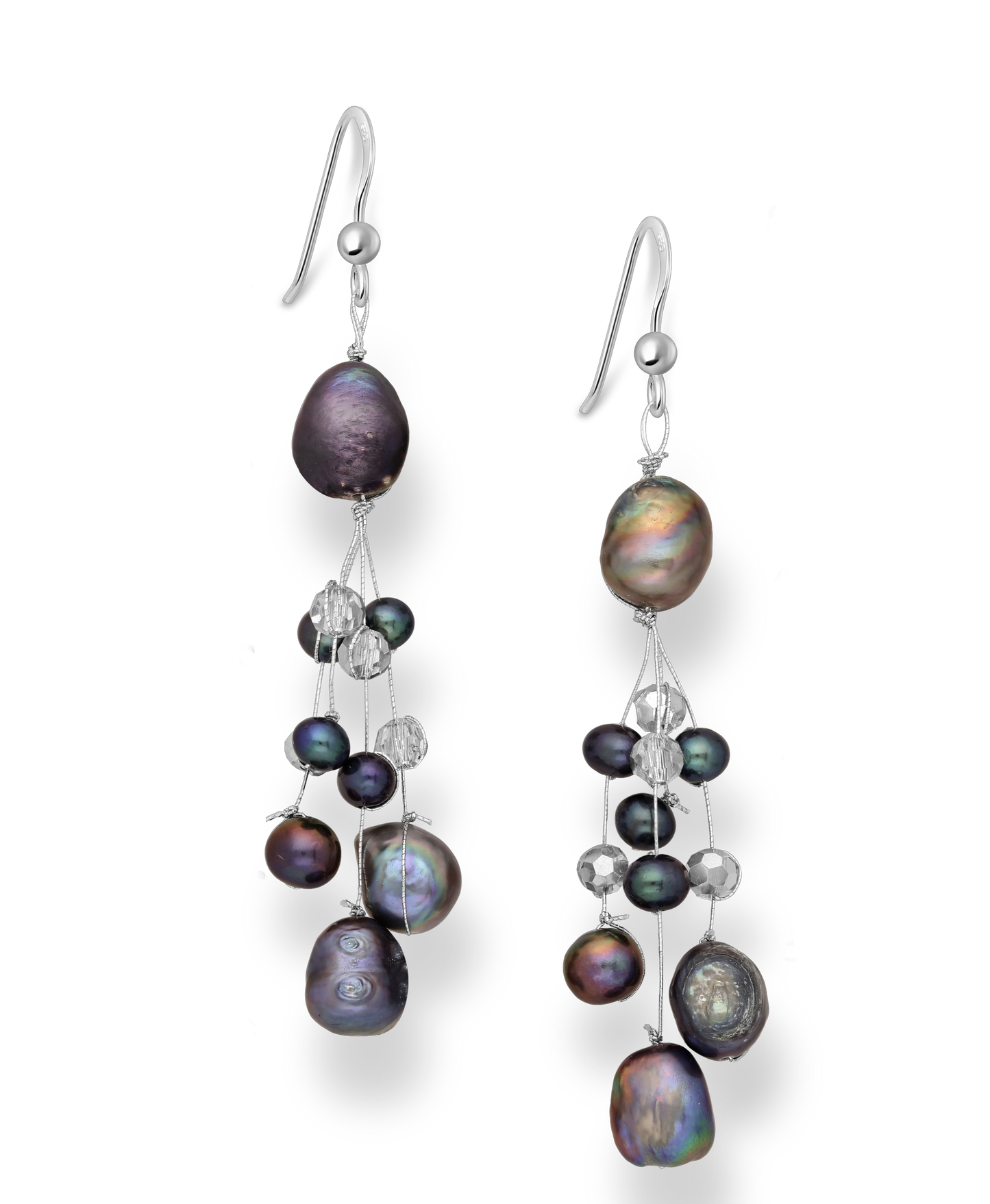 Hook Earrings Beaded with Grey Fresh Water Pearls and Crystal Glass on Sterling Silver