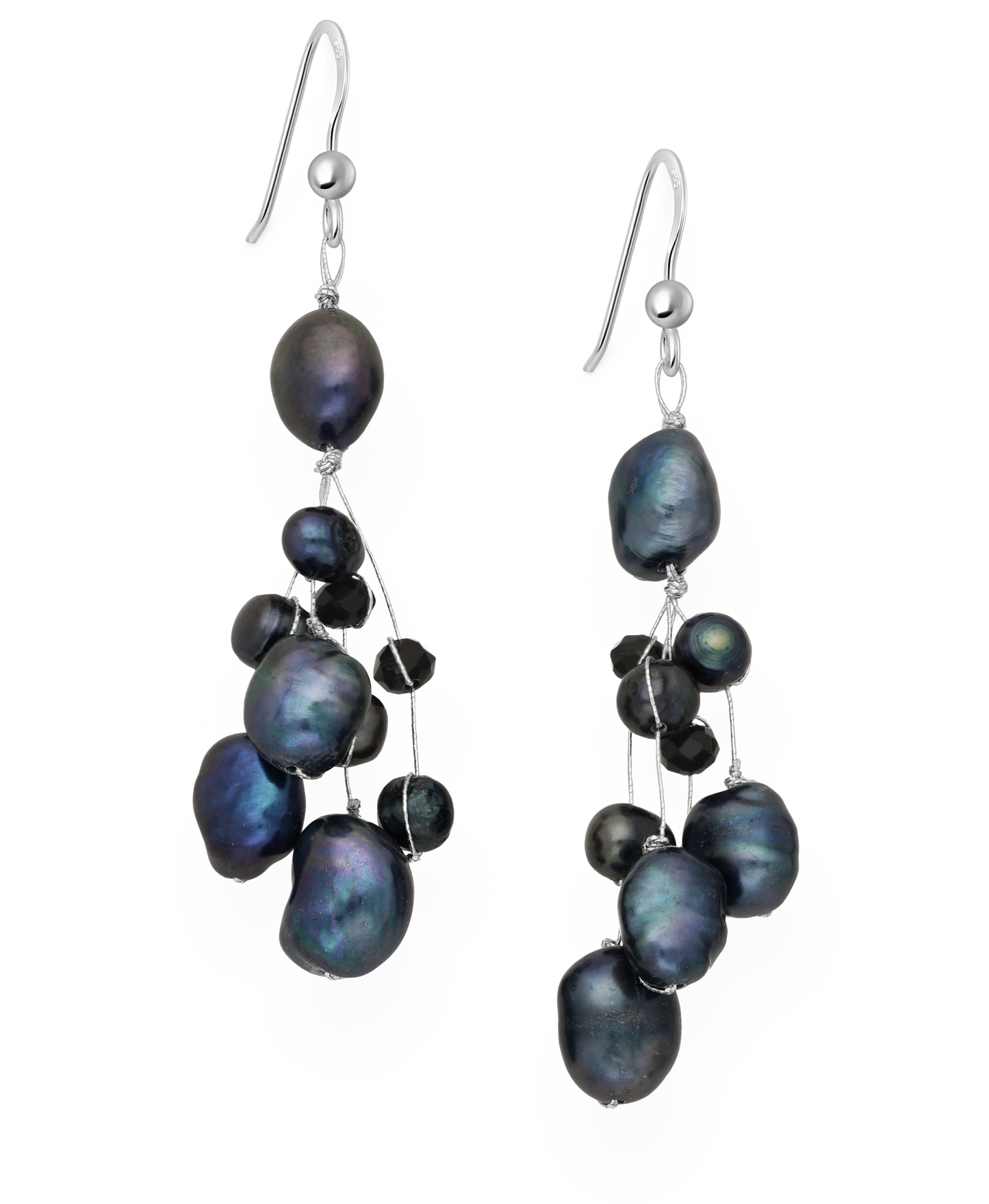 Hook Earrings Beaded with Black Fresh Water Pearls and Crystal Glass on Sterling Silver