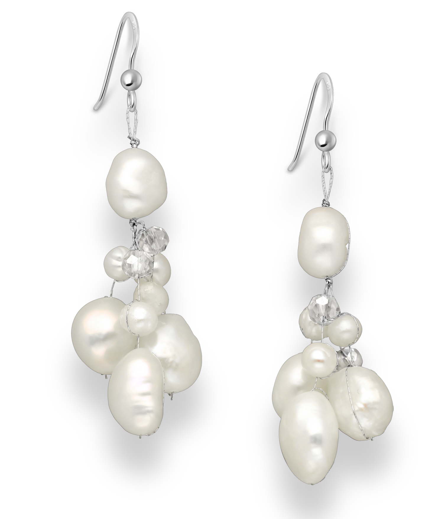 Hook Earrings Beaded with White Fresh Water Pearls and Crystal Glass on Sterling Silver