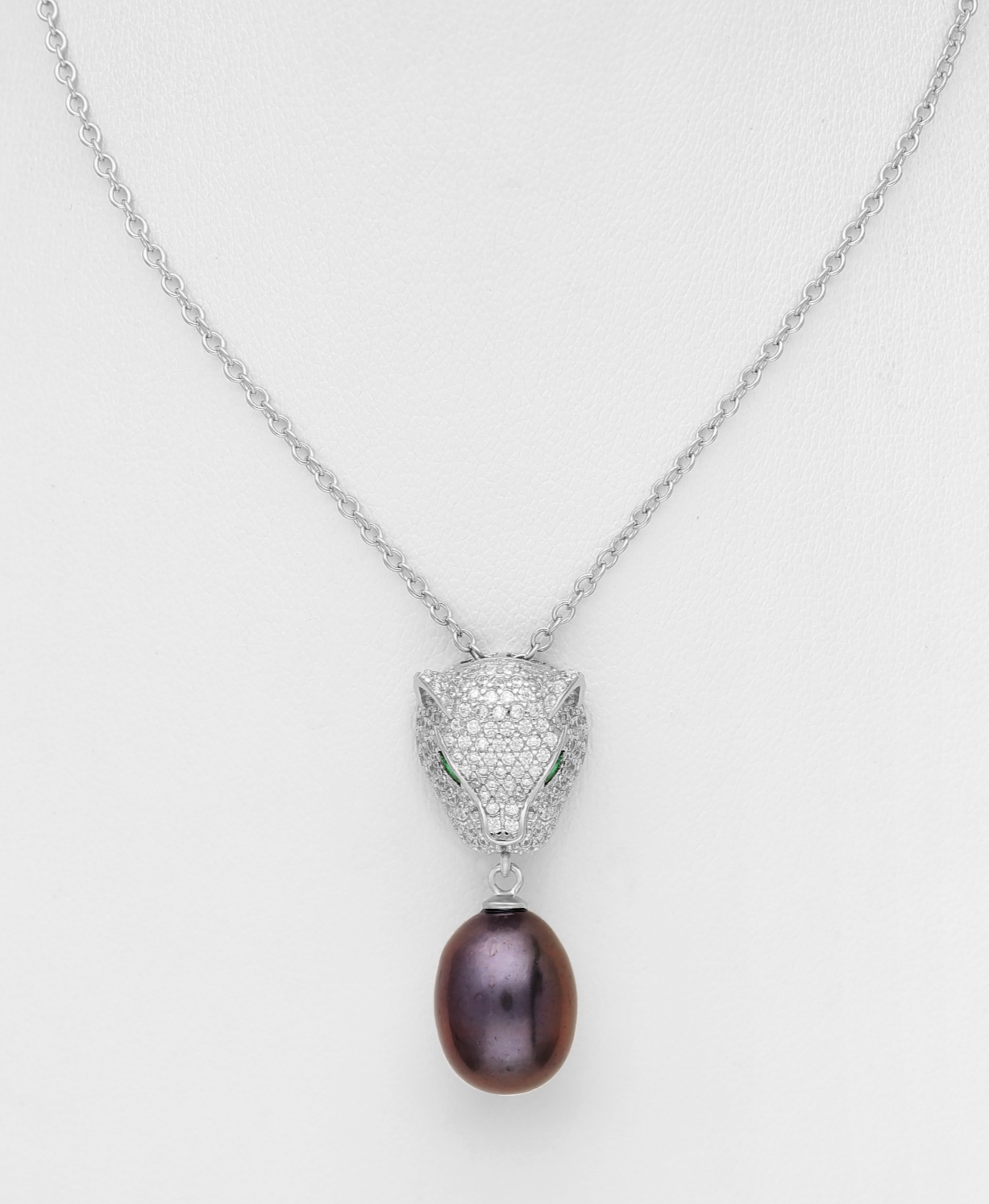Sterling Silver Tiger Necklace with CZ Simulated Diamonds and Black Fresh Water Pearl