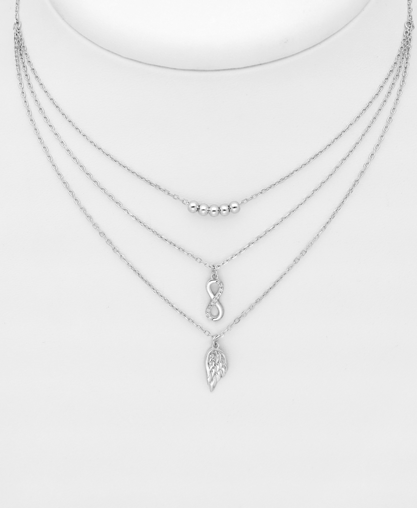 Sterling Silver Ball, Infinity, Wing Layered Choker with CZ Simulated Diamonds
