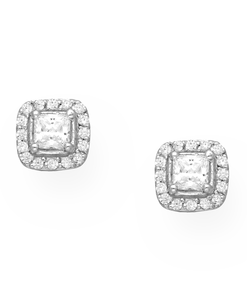 Sterling Silver Square Push-Back Earrings with White CZ Simulated Diamonds