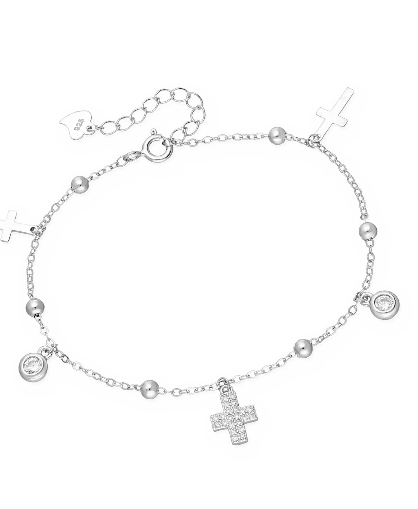 Sterling Silver Ball Bracelet with Cross Charms and CZ Simulated Diamonds