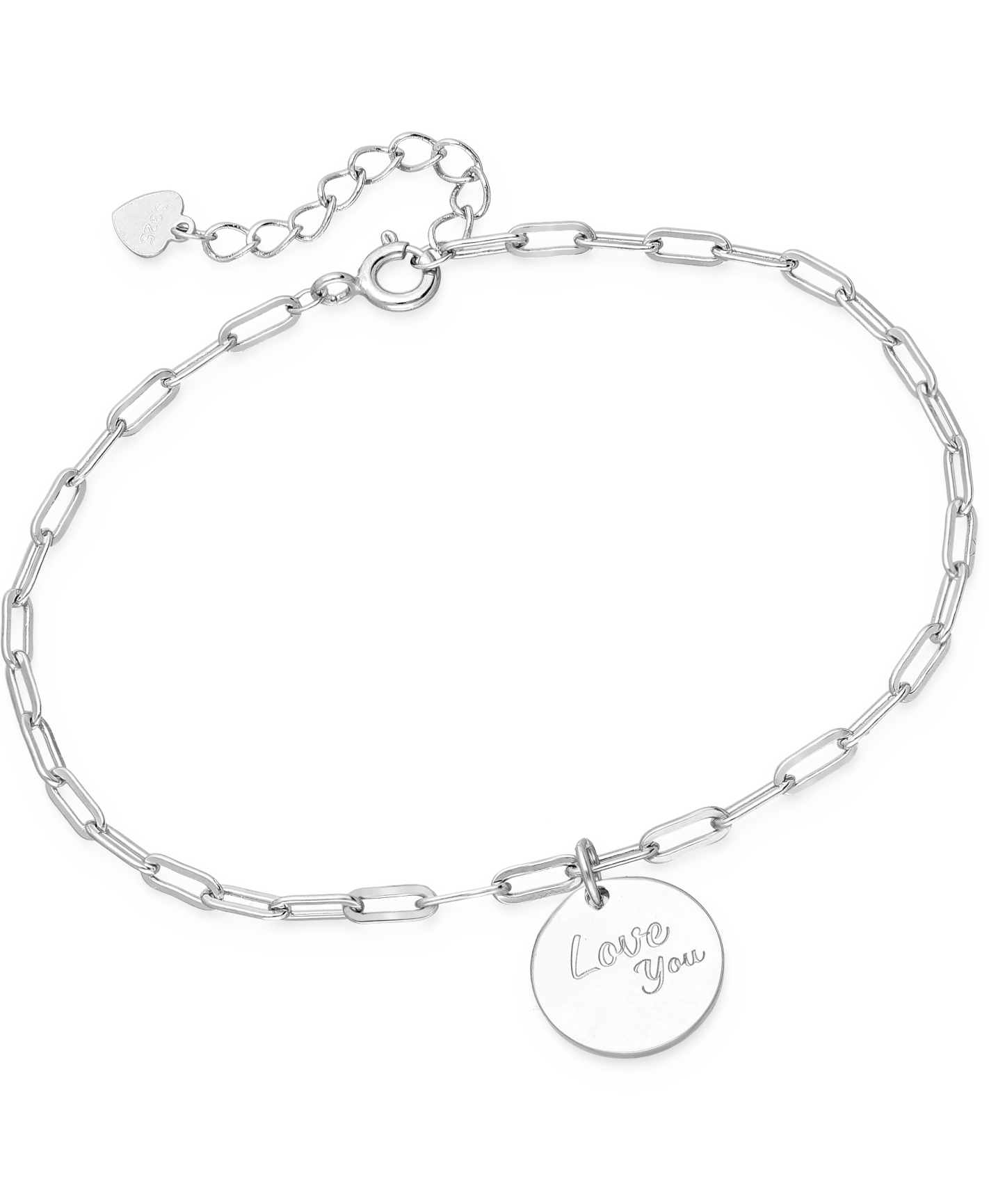 Sterling Silver Bracelet, Engraved with "Love you"