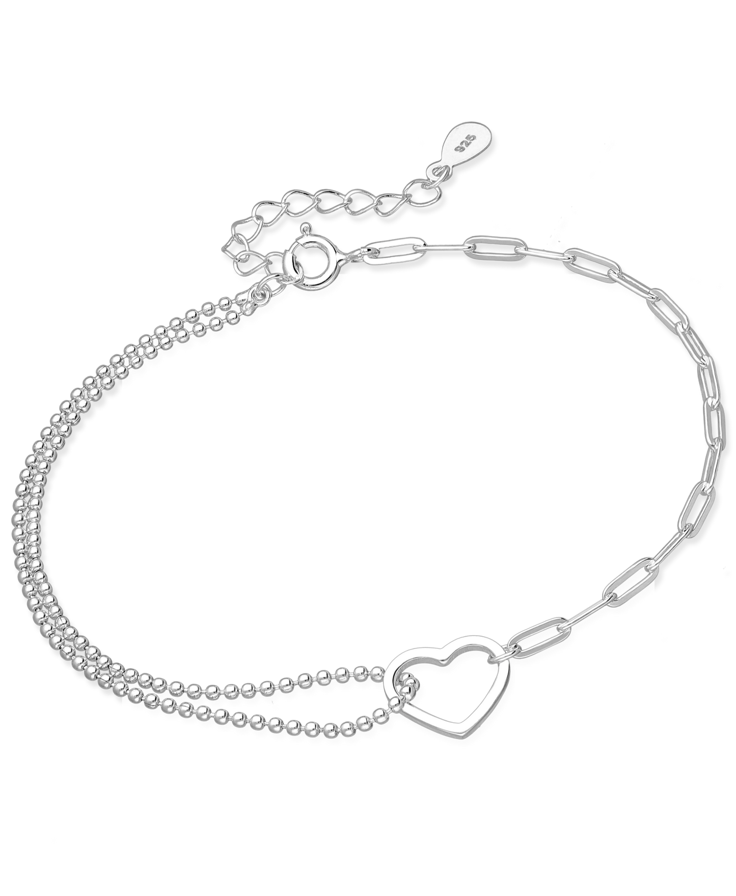 Sterling Silver Adjustable Heart Bracelet Featuring Bead and Paperclip Chain