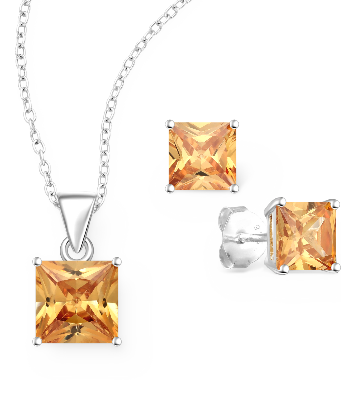 Sterling Silver Push-Back Earrings and Pendant Set with Champagne CZ Simulated Diamonds