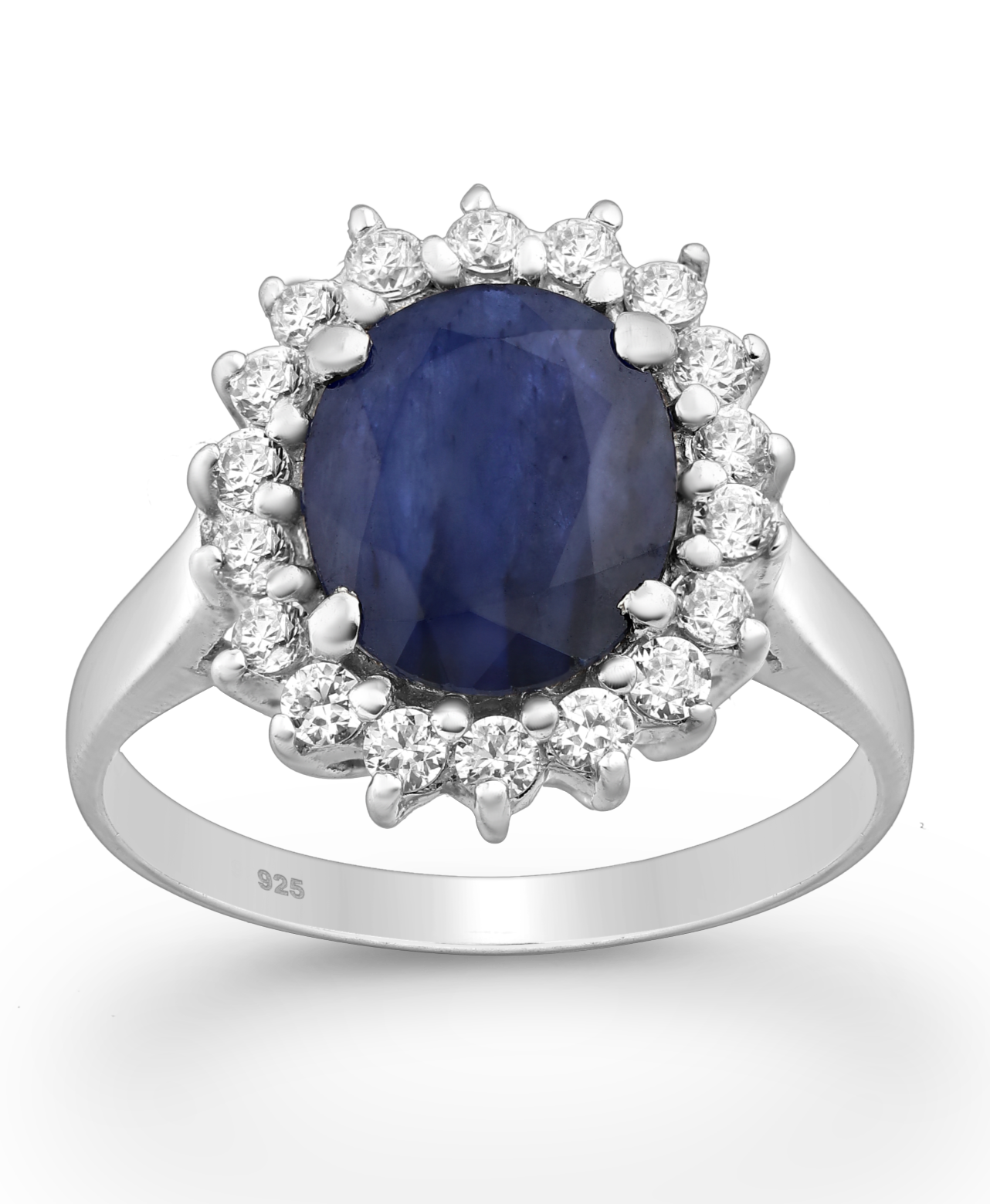 Genuine Blue Sapphire Oval Halo Sterling Silver Ring with CZ Simulated Diamonds