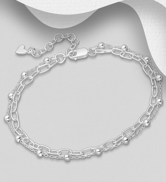 Sterling Silver Ball, Chain Layered Bracelet
