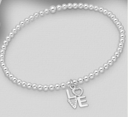 Sterling Silver Ball Stretch Bracelet with Message "LOVE"