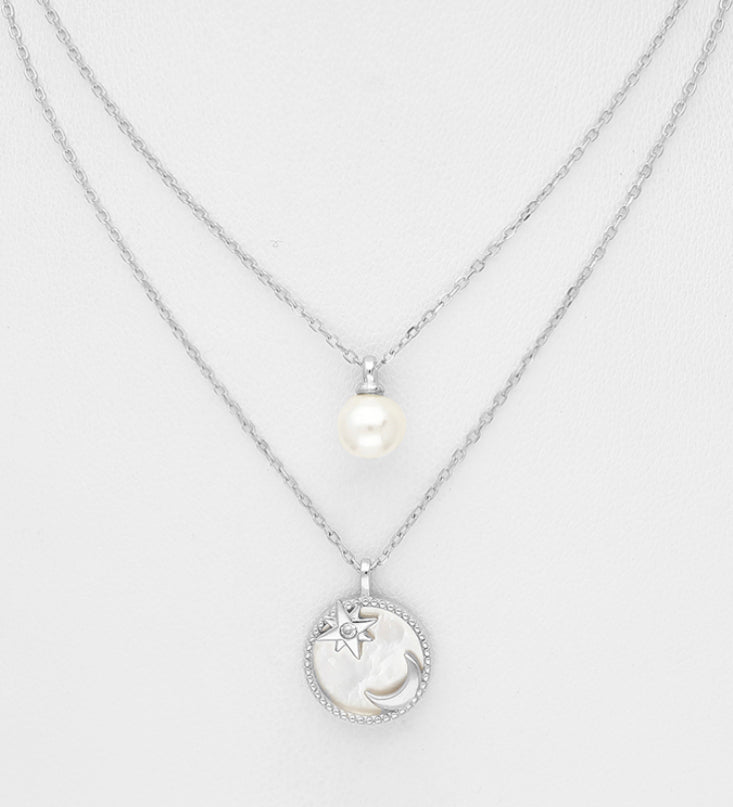 Sterling Silver Layered Necklace, Featuring Crescent Moon and Star Design, Decorated with CZ Simulated Diamond, Shell and Simulated Pearl