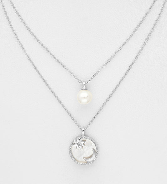 Sterling Silver Layered Necklace, Featuring Crescent Moon and Star Design, Decorated with CZ Simulated Diamond, Shell and Simulated Pearl