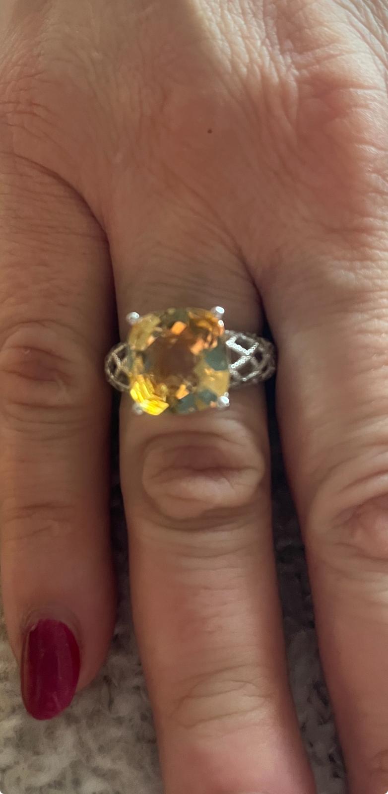 Citrine Solitaire with  knitted CZ Stimulated Diamonds Sterling Silver Ring