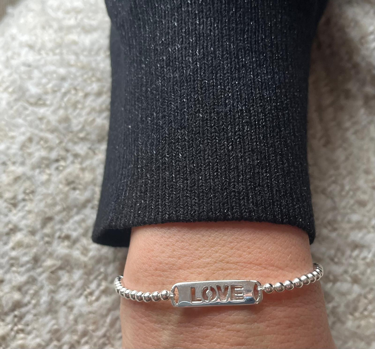 Sterling Silver Ball Stretch Bracelet with Message "LOVE"