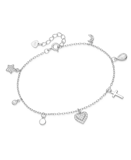 Sparkle By Princess Andre: Sterling Silver Bracelet with Cross, Heart and Star Charms adored with CZ Simulated Diamonds
