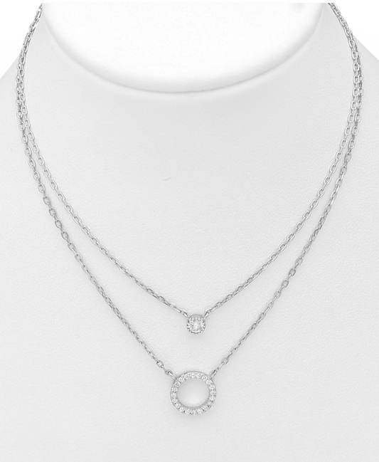 Sterling Silver Layered Choker with Circle and Solitaire CZ Simulated Diamonds