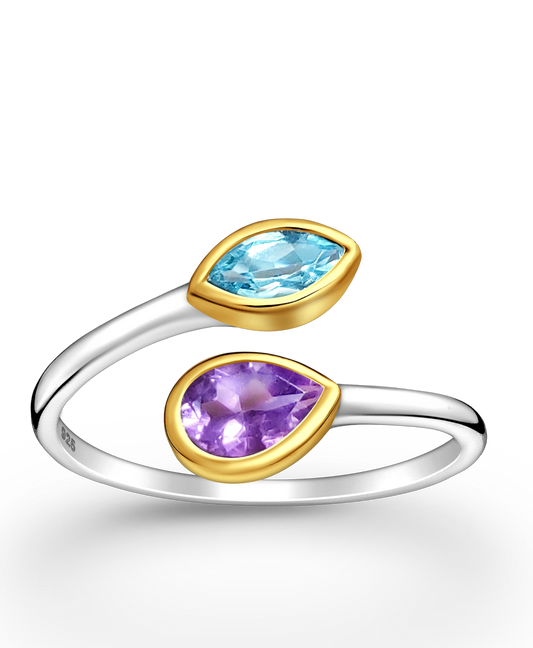 Amethyst and Swiss Blue Topaz Sterling Silver Adjustable Ring with 18K Gold Vermeil