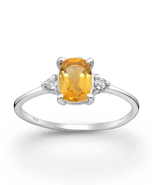 Citrine Solitaire with CZ Stimulated Diamonds Sterling Silver Ring