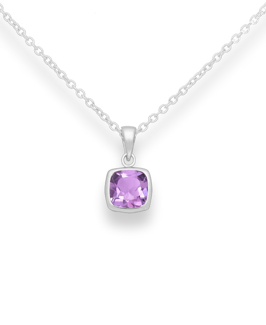 Amethyst Square Cut Sterling Silver Solitaire Pendant