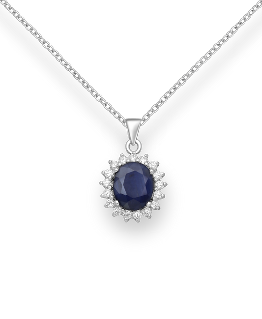 Genuine Sapphire and CZ Simulated Diamonds Sterling Silver Large Halo Pendant
