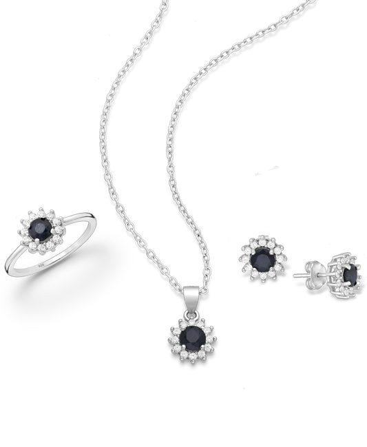 Genuine Sapphire Sterling Silver Push-Back Earrings, Pendant and Ring Set
