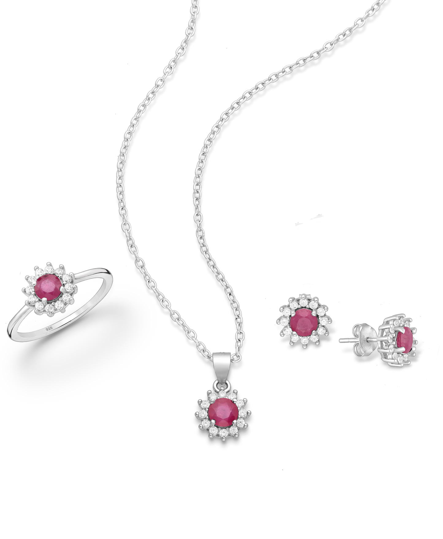Genuine Ruby Sterling Silver Push-Back Earrings, Pendant and Ring Set