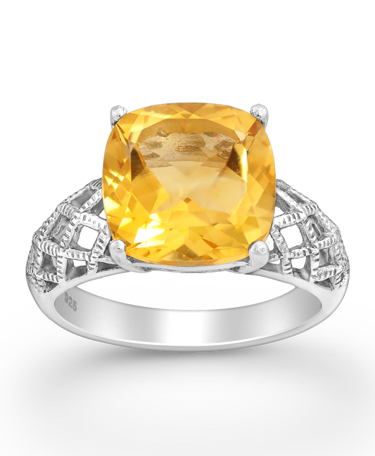 Citrine Solitaire with  knitted CZ Stimulated Diamonds Sterling Silver Ring