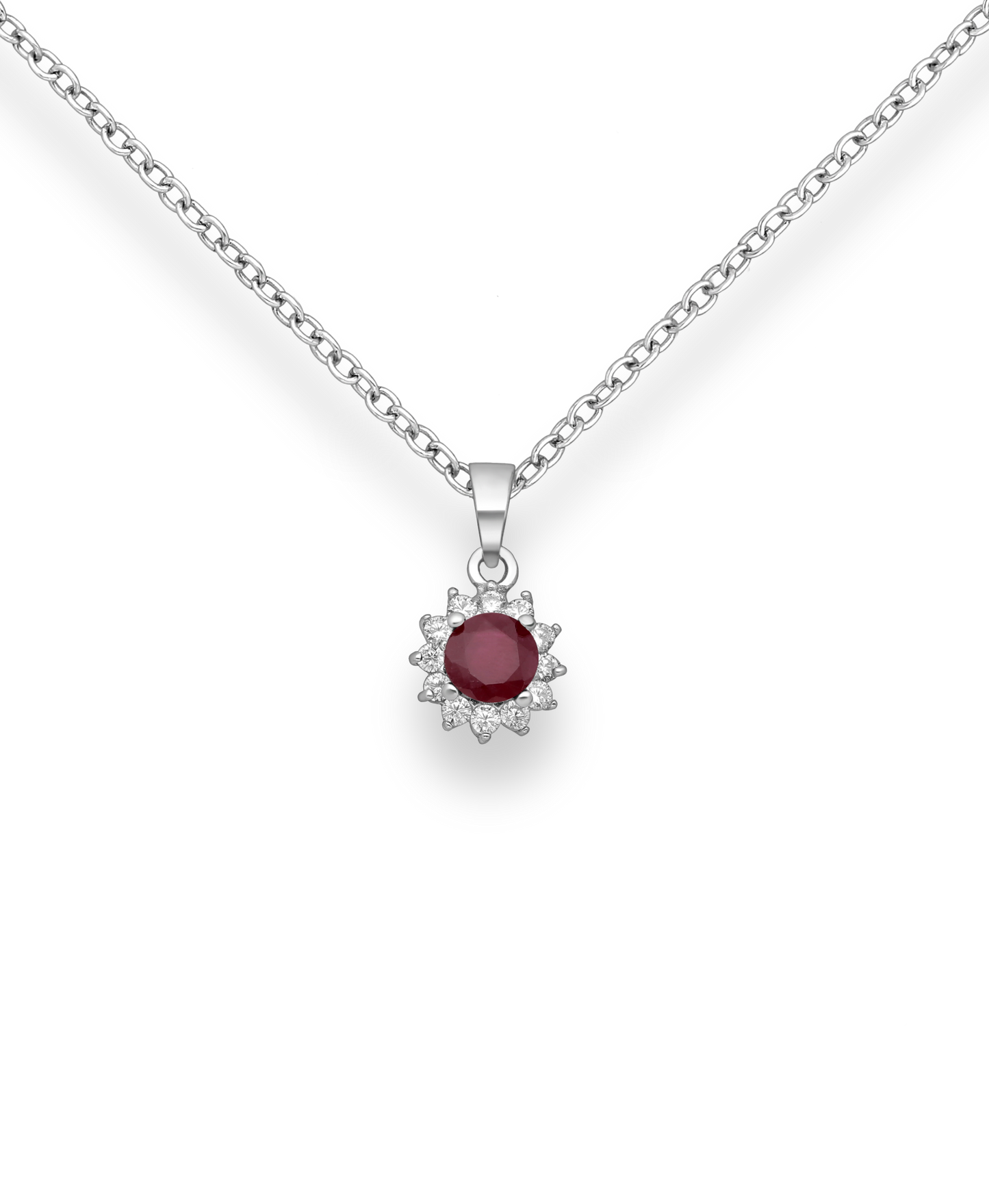 Genuine Ruby and CZ Simulated Diamonds Sterling Silver Halo Pendant