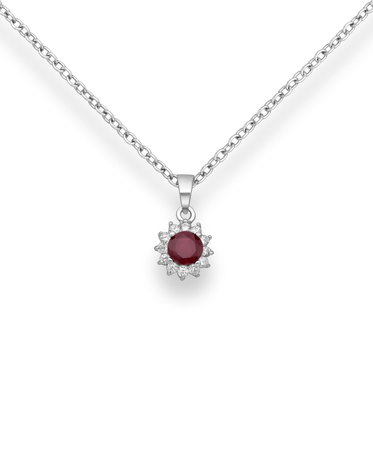 Genuine Ruby and CZ Simulated Diamonds Sterling Silver Halo Pendant