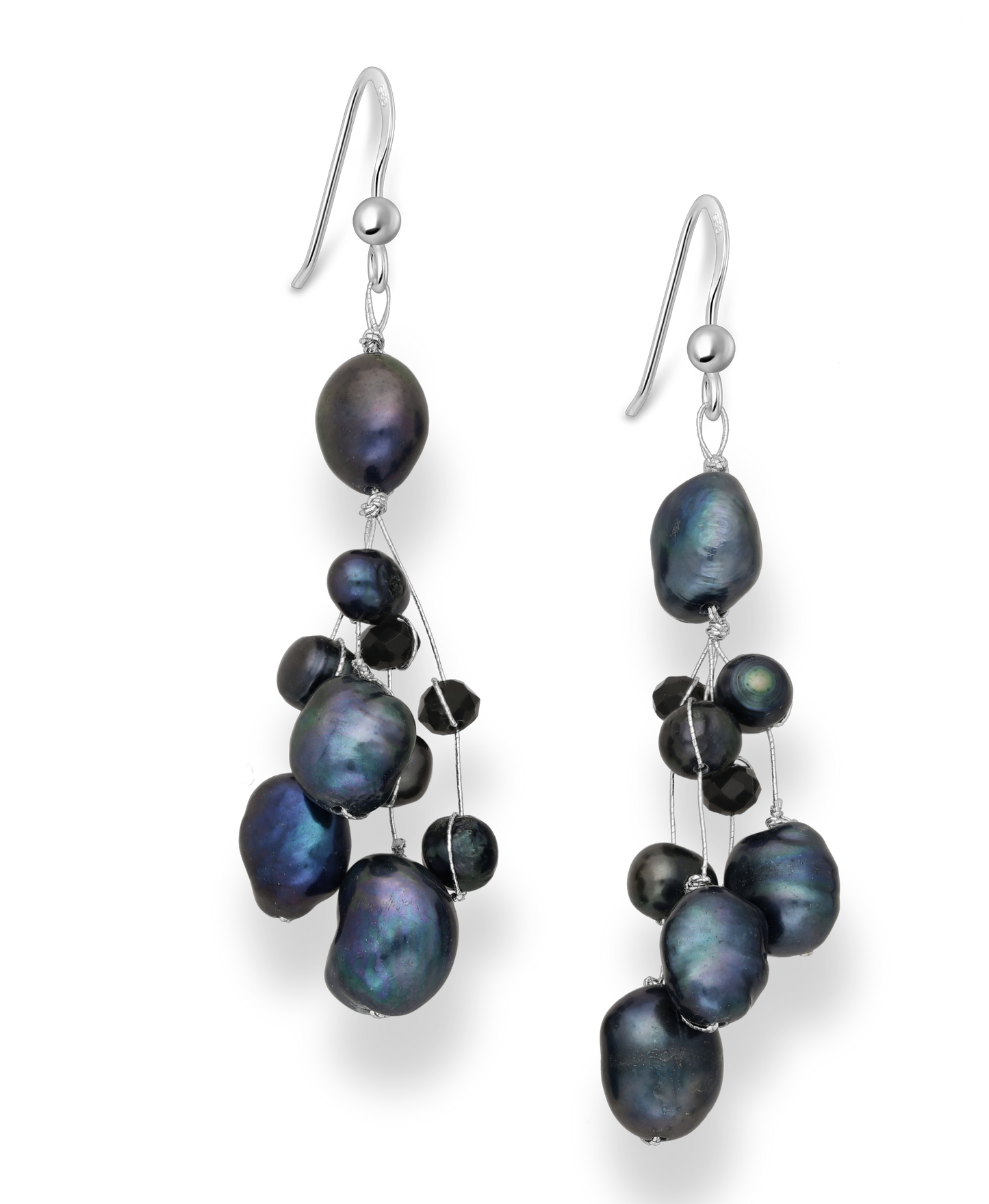 Hook Earrings Beaded with Black Fresh Water Pearls and Crystal Glass on Sterling Silver